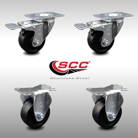 Service Caster 3 Inch SS Soft Rubber Wheel Top Plate Caster Lock Brake 2 Rigid SCC, 2PK SCC-SSTTL20S314-SRS-2-R-2